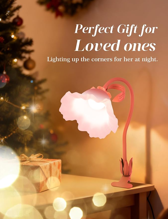 Flower Clip On Desk Lamp for Home and Dorm - Cute Floral Clip On Bedside Book Reading Light, Pink Flower Bunk Bed Lighting, Kawaii Led Flexible Gooseneck Table Lamp for Headboard with Clamp