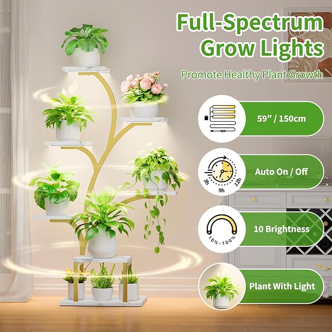 BACEKOLL Plant Stand Indoor with Grow Light, 7 Tier 49" Lighted Plant Shelf | Tree-Shaped Tall Holder with Full Spectrum Light for Indoor Growing, Sturdy Metal, for Home Corner, Space-Saving, Faux Marble