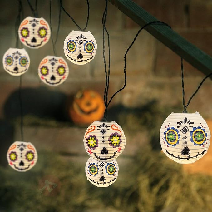 Abeja Halloween White Lantern String Lights, 8.5Ft Grimace White Nylon Lantern Lights with 10 Mini LED Bulbs, Halloween Outdoors String Light for Garden Home Party