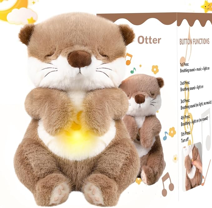 Breathing Stuffed Animal, Soothe Snuggle Otter Plush for Anxiety Adults and Kids, Volume Control, Machine Washable, Baby toy Sleep Buddy Soothing Otter with Realistic Breathing and Lights Music