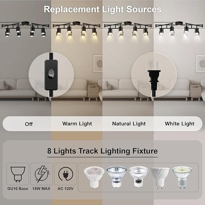 Plug in Track Lighting LED, Track Lighting Fixtures Ceiling, Black 8-Light Kitchen Light Kit, Plug in Wall Light with 14.8ft Power Cord, Rotatable Ceiling Spotlight for Bedroom(GU10 Socket, NO Bulb)