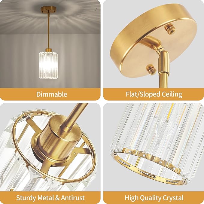3 Pack Brushed Brass Pendant Lights Kitchen Island, Modern Crystal Pendant Lighting Over Island Kitchen Hanging Light Fixtures Adjustable Pendant Light for Dining Room Bathroom Entryway Hallway Foyer