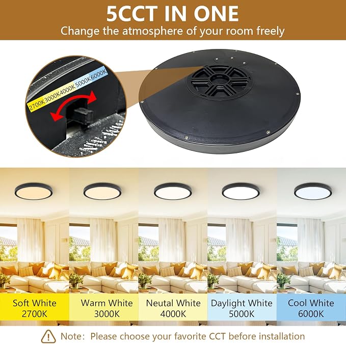 Dimmable 12Inch LED Flush Mount Ceiling Light, 24W, 2520LM, 2700K/3000K/4000K/5000K/6000K CCT Selectable,LED Round Flat Panel Light for Bedroom,Kitchen,Hallway