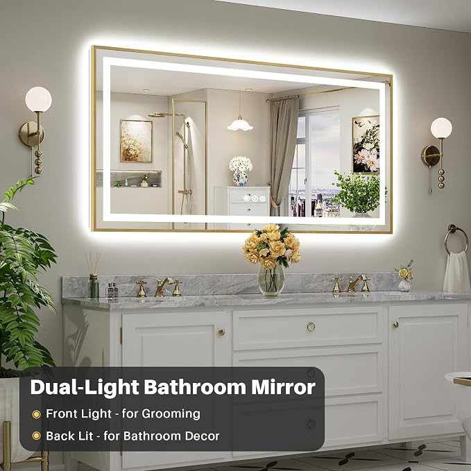 72x36 Inch LED Bathroom Mirror with Gold Frame, Backlit & Front Lit | Anti-fog, 3 Color Dimmable, Memory Function, HD Reflection Tempered Glass, ETL Listed, IP54 Waterproof