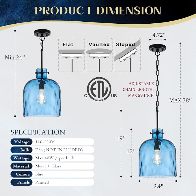 Blue Hammered Glass Pendant Light – 10-Inch Wide Single Dome Light Fixture, 1-Light E26 Ceiling Hanging Lamp for Kitchen Island, Dining Room, Hallway