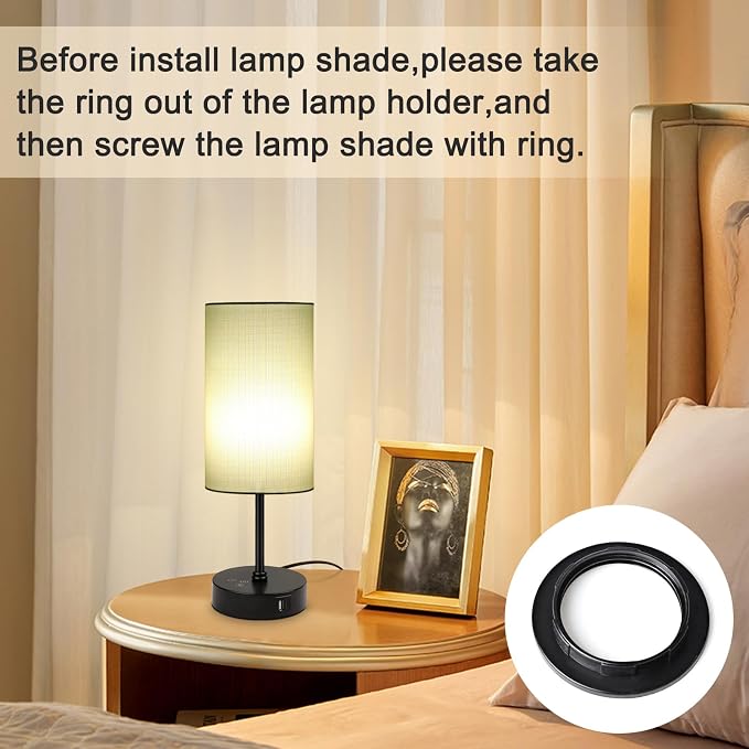 Table Lamp for Bedroom, 3 Color Temperatures, 7 RGB Colors, Adjustable Brightness, Dual USB Charging Ports, Ambience Nightstand Light with Blue Shade, Desk Lamp for Kids Reading Home Office