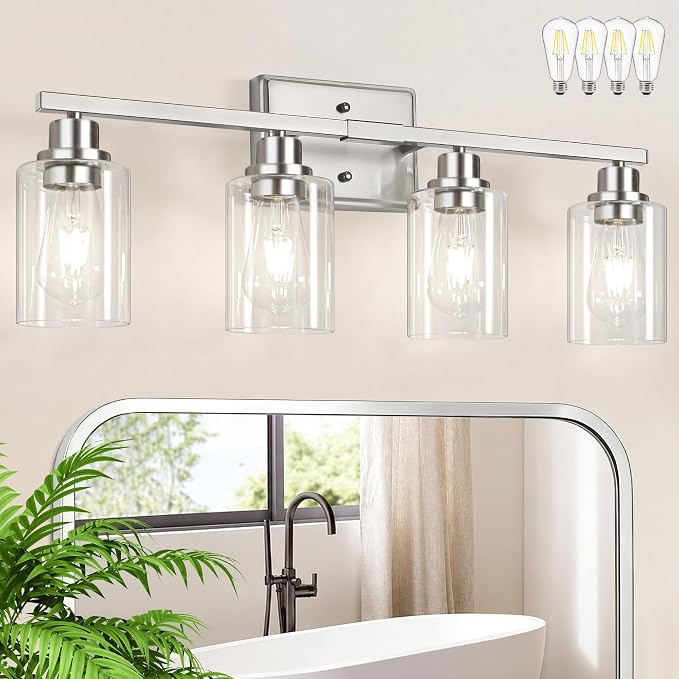 Modern Brushed Nickel Bathroom Light Fixtures, 4-Light Vanity Lights Over Mirror with E26 LED Bulbs Included, Wall Sconce with Clear Glass Shades for Living Room Bedroom Hallway Kitchen