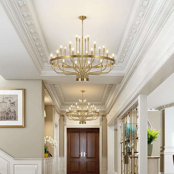 Gold Chandelier 24 Light Large Chandelier for High Ceilings, Farmhouse Wagon Wheel 39in 3-Tier for Dining Room, Hallway, Living Room, Foyer