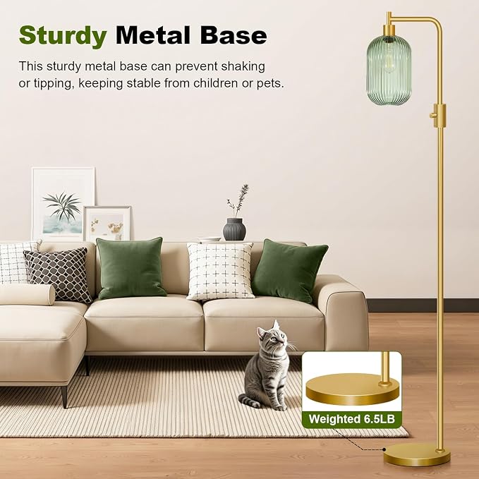 【Upgraded】 Dimmable Floor Lamp for Living Room with Green Ribbed Glass Lampshade, Gold Modern Floor Lamp with 900LM LED Bulb Included, Arc Standing Tall Lamp for Bedroom, Office, Reading Room, Corner