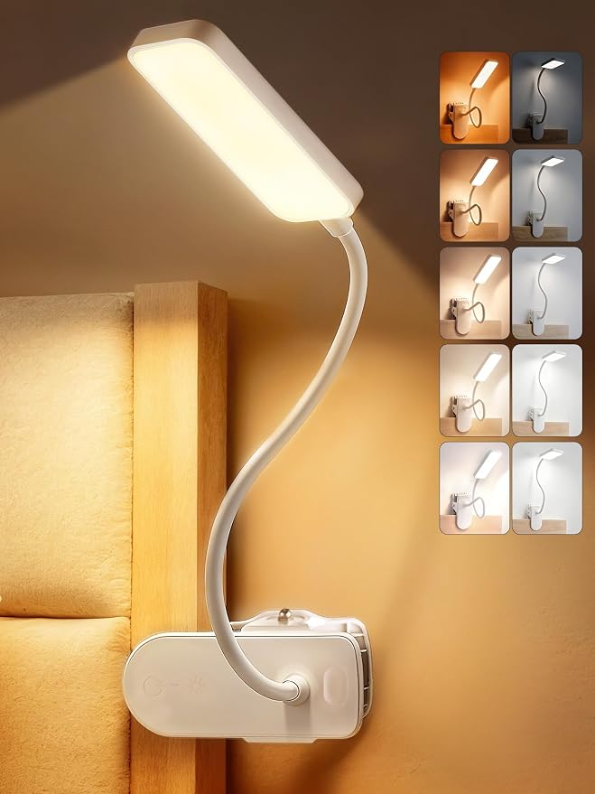 Clip on Lamp, 9 Brightness+5 Colors Reading Lights for Books in Bed Lamp | 4000mAh Battery Clip on Light,450 Lumen Rechargeable Desk Lamp for Dorm Lamp,Book Light for Reading in Bed Headboard/Bedside