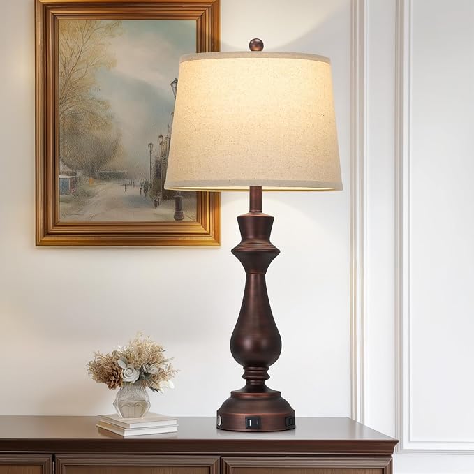 Vintage Table Lamp for Living Room,30" Tall Bedside Lamp with USB Charging Port,3-Way Dimmable Touch Nightstand Lamp for Bedroom Desk Side Table Office,Brown-1P