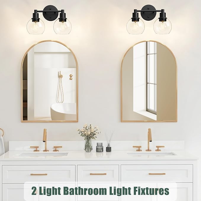 2 Light Bathroom Light Fixtures Black Vanity Lights, Farmhouse Bathroom Vanity Lights 2-Light Matte Black Globe Bathroom Vanity Lighting Fixture Over Mirror