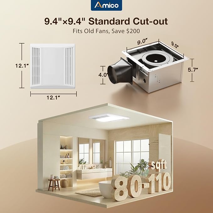Amico Bathroom Exhaust Fan with LED Light, 110 CFM, 1.0 Sones, 5CCT, 90 CRI | 1000LM, Ceiling Mount Shower Ventilation Fan, No Attic Access Needed, 4 Inch Duct, 9.4'' x 9.4'' Ceiling Opening, ETL & FCC