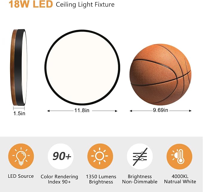 Modern Walnut Wood Black Flush Mount Ceiling Light 11.81 Inch | Round LED Low Profile Lighting Fixture For Kitchen Bedroom Bathroom Laundry Hallway Entryway Closet Living Room