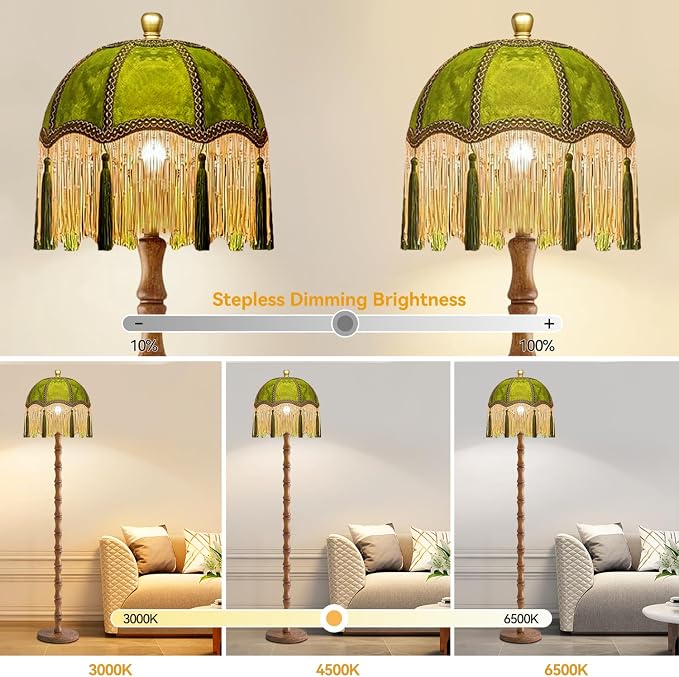 QIYIZM Vintage Floor Lamp for Living Room,Bedroom,Fringe Standing Lamp with Remote Dimmable,Green Mid Century Gold Tall Lamp Boho Retro Wood Tassel Flower Unique Lamp Tiffany Decor