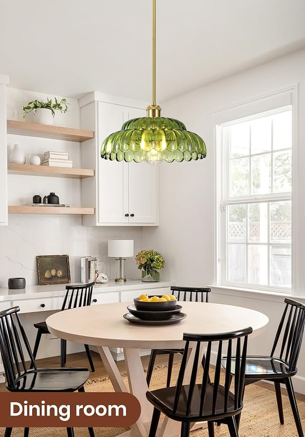 Gold Pendant Light with Glass Shade, Vintage Floral Glass Pendant Lamp for Kitchen Island, Adjustable Hanging Rods Sloped Ceiling Compatible, Living Room Bedroom Hotel-Green