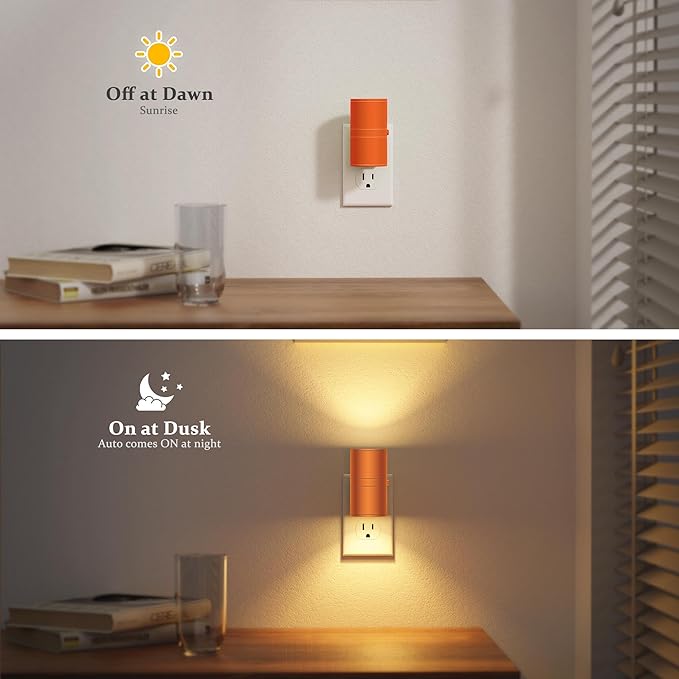 JandCase Night Lights Plug into Wall, Dimmable Night Light Plug in with Orange Shade, Modern Night Lights with Dusk to Dawn Sensor, Soft White 3000K, 0-100LM Nightlight for Hallway Bedroom, 2 Pack