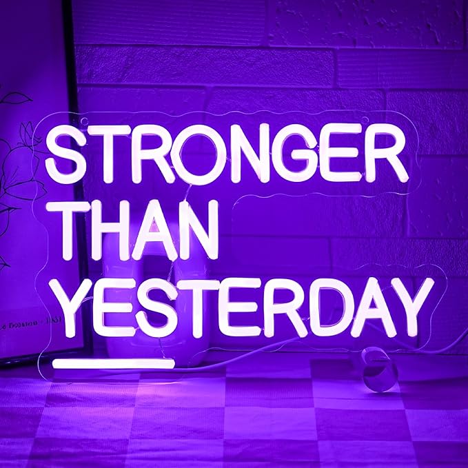 Stronger Than Yesterday Neon Sign for Wall Decor Gym Neon Light Purple Letter Neon light sign Dimmable USB Powered LED Neon Signs for Home Gymmer Fitness Club Classroom