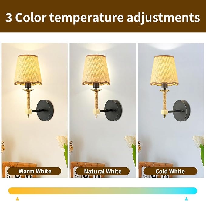 Boho Battery Operated Wall Sconce Set of 2, Medium Black Gold Wireless Rechargeable Wall Lights with Rattan Shade, 12 RGB and 3CCT Dimmable Cordless Wall Lamps with Remote for Living Room