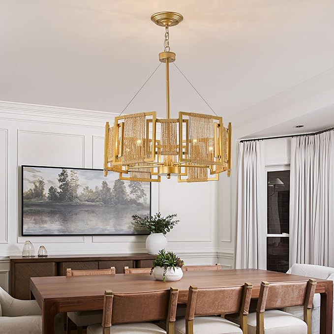 4-Light Boho Rattan Chandelier Light Fixture,Large Hand Woven Gold Pendant Light Fixture Farmhouse Rustic Hanging Light for Kitchen，Bedroom, Dining Room, Living Room, Hallway, Foyer