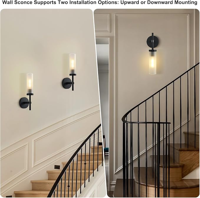 15" Hardwired Frosted Glass 2 PC Bathroom Wall Sconces, Handmade Knurled Black Wall Light Fixture,Modern Vanity Lights, for Living Room,Hallway, Bedroom,Mirror, Indoor Sconces