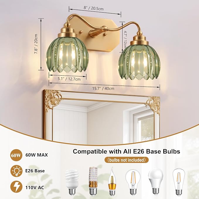 Vintage Gold Vanity Lights, 2-Light Green Tulip, Antique Brass Finish | Brushed Gold Bathroom Light Fixtures, Crystal Wall Sconce Ideal for Bedroom, Living Room, E26 Compatible, Easy Install