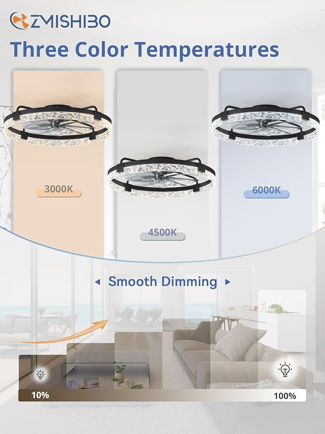 ZMISHIBO 24 Inch Ceiling Fans with Lights, Flush Mount Remote & App Control | 3CCT Dimmable LED, DC Motor, Bladeless, Reversible Blade, 6 Speeds, Modern, Low Profile, Enclosed, Bedroom, Kids, Girl, Adult