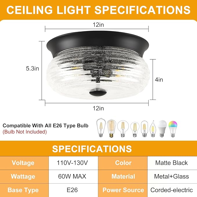 Black Flush Mount Ceiling Light Fixtures, 2-Light Ceiling Mount for Modern with Clear Air Bubble Glass Shade, Industrial Flush Mount Light Fixture Farmhouse for Hallway Kitchen Bedroom Foyer Entryway