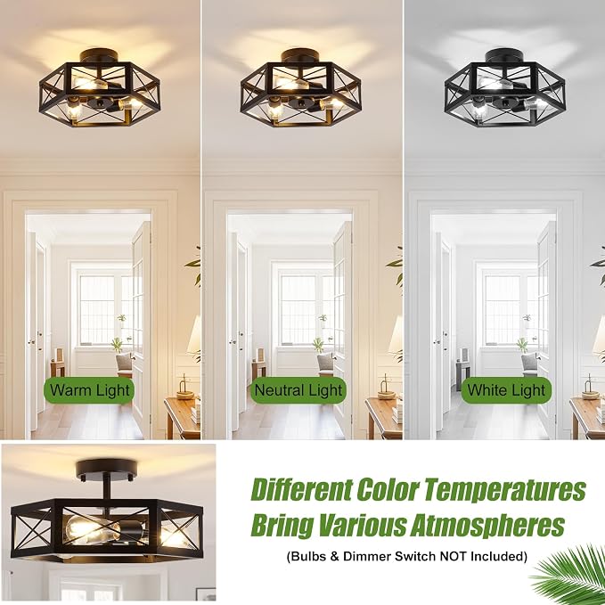 3-Light Semi Flush Mount Ceiling Light, Kitchen Lighting Fixtures Ceiling, Black Dining Room Light Fixtures, Farmhouse Close to Ceiling Lights with Hexagon Cage for Bedroom Hallway Foyer