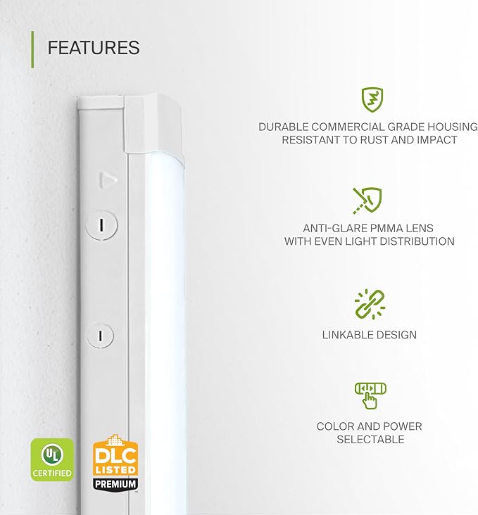 ASD 4ft LED Linear Strip Light Fixture with Q-Base | UL DLC Stairwell Certified Luminaire 20W-40W 120-277V Linkable LED Shop Light | 3500K-5000K Adjustable Commercial Ceiling Lighting