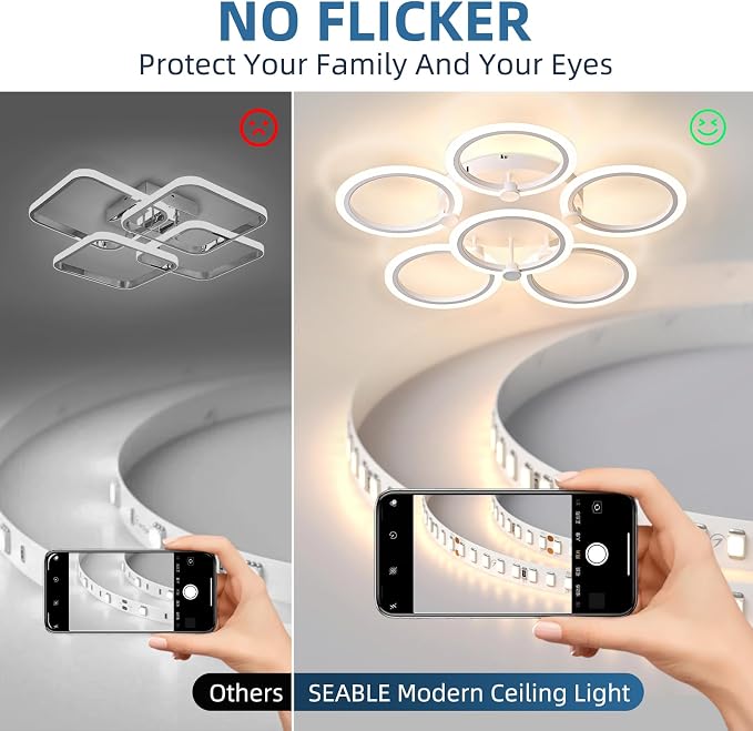 LED Ceiling Light, 6-Ring Modern Flush Mount Fixture, 77W Dimmable 3000K–6500K, White Ceiling Light with Remote for Living Room Bedroom Kitchen (28.9")
