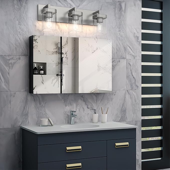 3-Light Bathroom Light Fixtures, Brushed Nickel Vanity Lights for Bathroom, Kitchen, Living Room, Modern Bathroom Vanity Lights with Clear Glass Shades