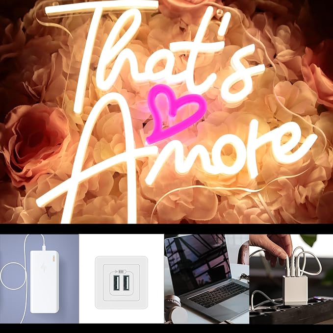 That's Amore Neon Sign, Dimmable LED Wedding Neon Sign Wall Art Sign, Wedding Backdrop Light Up Sign, USB Neon Sign for Birthday Anniversary Wall Decor Party Gifts(11.8 * 12.9in)