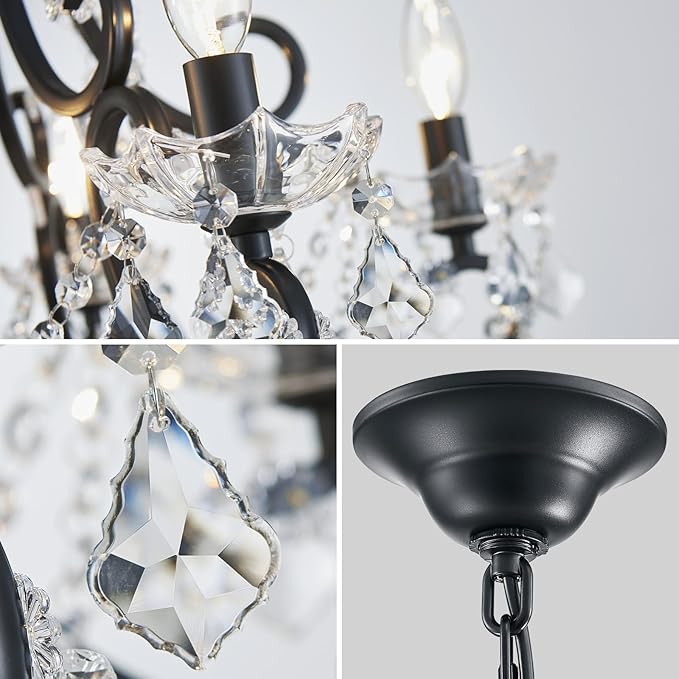 Black Crystal Chandelier, 5-Light Modern Black Chandelier for Dining Room Light Fixture, Crystal Pendant Ceiling Light Fixture, Modern Candle Chandelier for Living Room Kitchen Island Entryway Bedroom