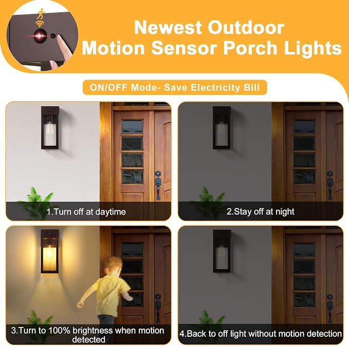 Porch Lights with GFCI Outlet, Motion Sensor Outdoor Lights | Dusk to Dawn, Anti-Rust, Waterproof, Tempered Glass, Easy Installation, E26 Socket, Exterior Lighting for Patio, Brown