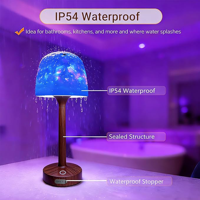 Waterproof Bathroom Lamp with 16 Color Ocean Wave Projector, Rechargeable Shower Light with Touch & Remote Control, Cordless Light for Inside Shower/Bathtub (Peachwood Color)