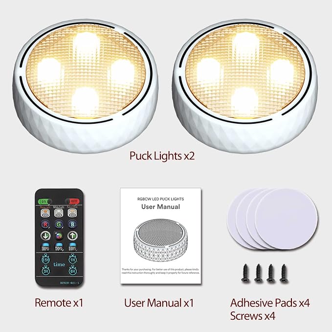 Onumii LED Puck Lights with Remote Control, Battery Operated Under Cabinet Lighting, Wireless Stick-On Color Changing Timer Lights for Kitchen Cabinets, Closets, Shelves - 2 Pack, White