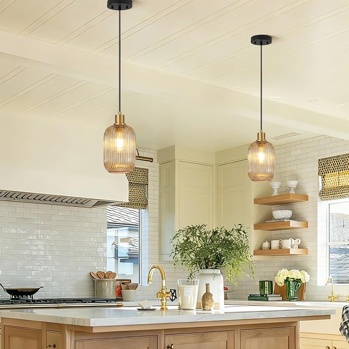 2 Pack Pendant Lights with Vintage Amber Ribbed Glass Lampshade, Adjustable Black and Gold Pendant Lights Fixtures for Kitchen Island Lighting Sink, Dining & Living Room Hallway (Bulbs Not Included)