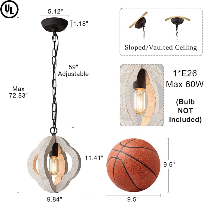 10" Small Farmhouse White Wood Pendant Light for Kitchen Island Over Sink | Distressed White Oak, Rustic Country Style, Rust-Brown Finish, Orb Shape, E26 1-Light, Ajustable Height