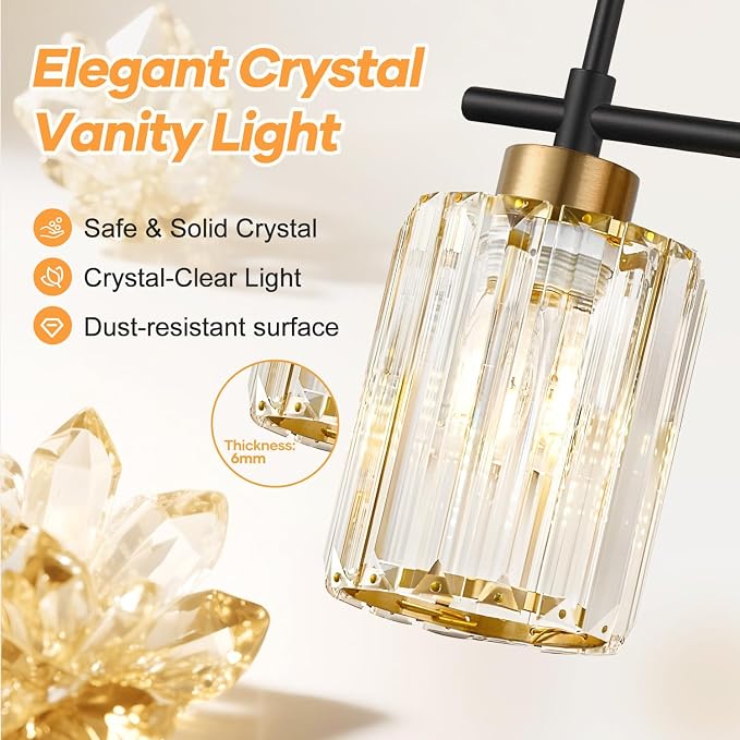 Bathroom Wall Sconces Set of 2, Black & Gold Wall Lights with Clear K9 Crystal Shades, Bathroom Light Fixtures for Bedroom, Living Room, Hallway