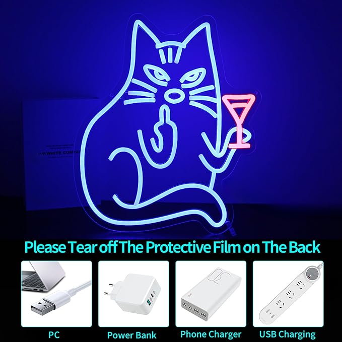 Neon Sign, HSJNJKFU Blue Cat Neon Signs for Wall Decor Cat Led Light Up Sign for Bedroom Wall Decor Funny Animal Sign Room Birthday Party Home Decor USB Powered