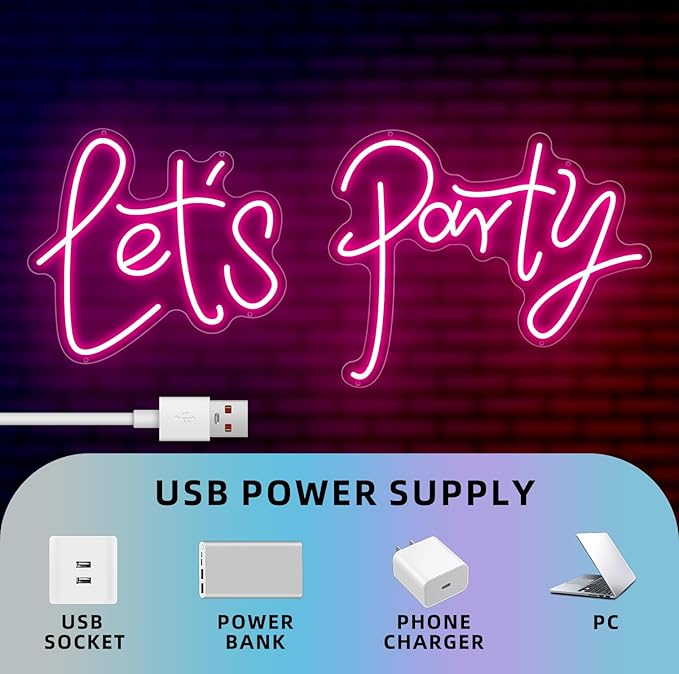 36.9x16.1 Inch Large Let's Party LED Neon Sign,Dimmable Pink Neon Light Sign for Wall Decor, Bachelorette Party, Engagement Party, Wedding, Bar & Birthday Decor