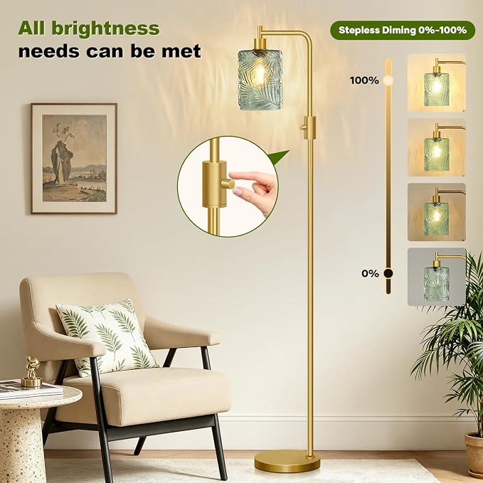 【Upgraded】 Dimmable Floor Lamp for Living Room with Green Feather Glass Lampshade, Gold Modern Floor Lamp with 900LM LED Bulb Included, Arc Standing Tall Lamp for Bedroom, Office, Reading Room, Corner