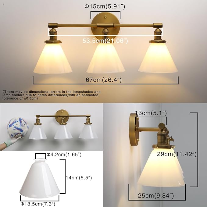 Vintage Industrial 3-Light Bathroom Vanity Light with Milk Glass lampshade – Antique Brass Wall Sconce for Over Mirror, E26 Socket, Dimmable Compatible, Hardwired Installation
