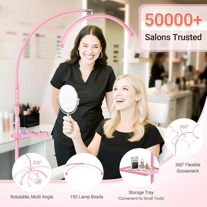 LIONVISON Half Moon Lash Light: 6500K LED Lamp Ring Light with Tray - 360° Flexible Gooseneck Durable Metal Stand - Salon Use for Lash Artists Eyelash Extensions (18In Pink)