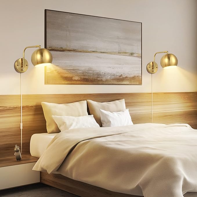 Wall Sconces Plug in, Dimmable Wall Sconce Swing Arm Wall Lights with Plug in Cord and Dimmer On/Off Knob Switch, Brushed Brass Globe Wall Light for Bedroom Bedside Hallway(2 Bulbs Included)