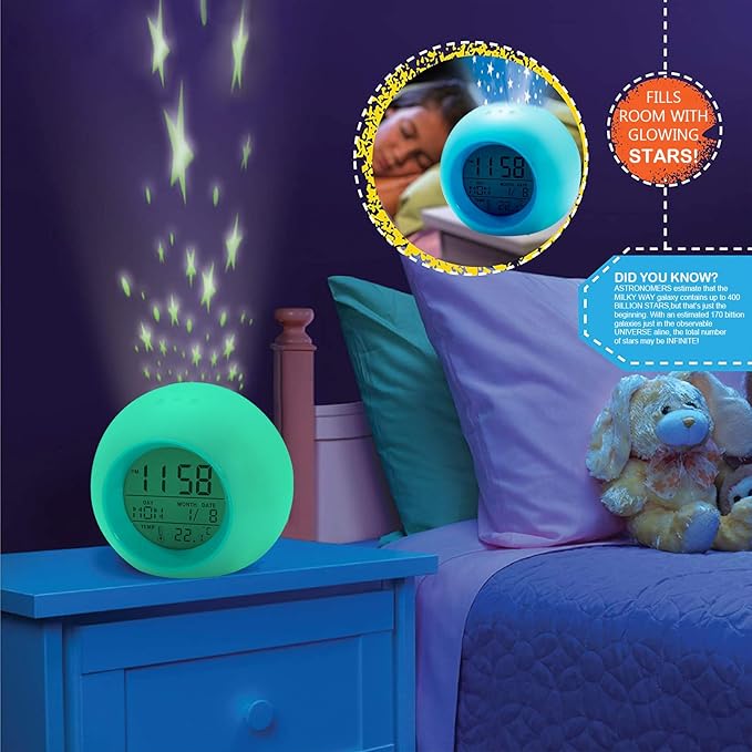 Kids Alarm Clock Boys,Moon Stars Projector Alarm Clock,7 Color Changing Nightlight Clock,Snooze Touch Control Temperature for Kids Bedrooms, Digital Clock for Girls Boys Children Birthday Gifts