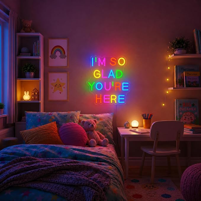 I’m So Glad You’re Here Neon Sign Dimmable Letter Positive Affirmation Neon Light USB Powered Colorful Welcome Light Up Sign for Classroom Wedding Party Store Home Wall Art Decor