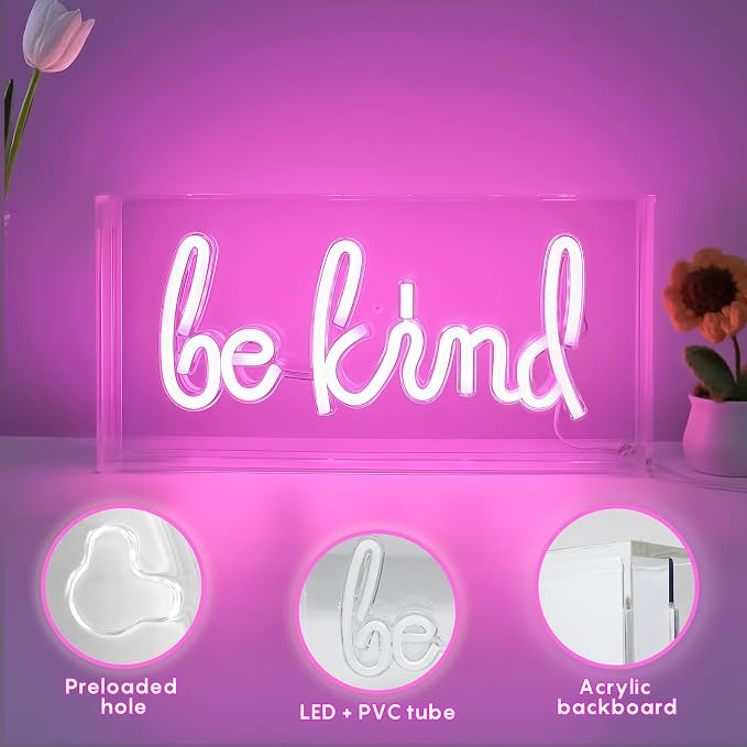 Be Kind Neon Sign, USB Powered LED Neon Light Box with ON/OFF Switch, 3D Acrylic Tabletop and Wall Decor for Girls Room, Bedroom, Classroom, Dorm, Home Office, Shelf, Christmas Birthday Gift (Pink）