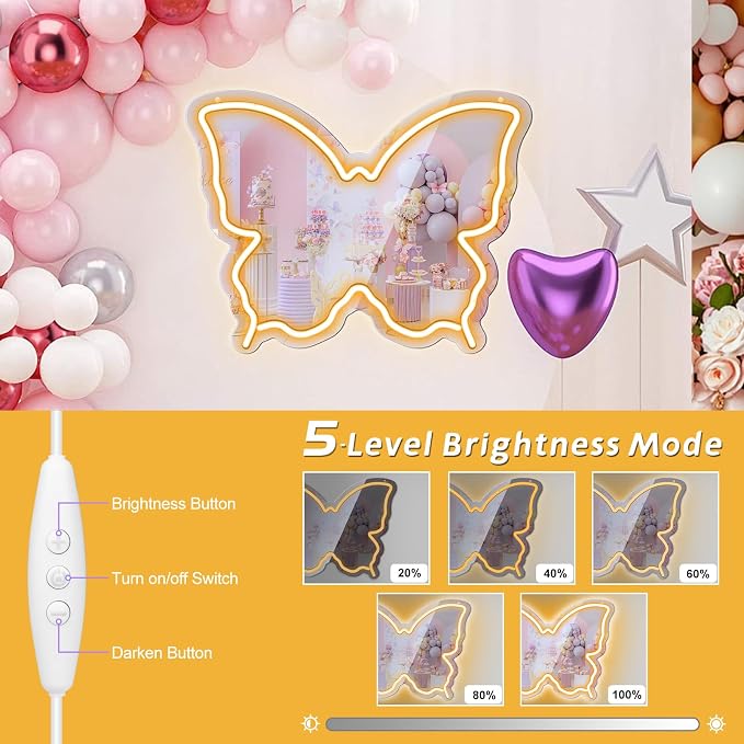 Butterfly Neon Sign Mirror, LED Neon Signs for Wall Decor, 15.7'' x 12'' Dimmable Neon Light for Teen Girls & Kids Birthday Party Gift, Neon Sign for Girl Room Decor, Wall Mirror, USB Powered (Warm White)